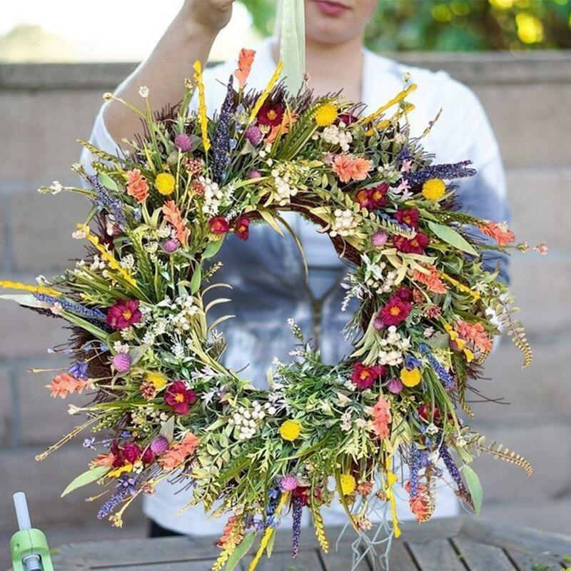 Artificial Straw Wreath Wildflower Garland Spring Hanging Pendants Wedding Flower Gift Party Wedding Easter Decor