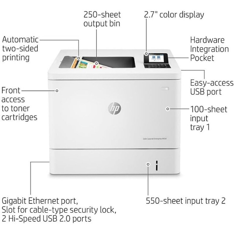 Printer dupleks M554dn perusahaan warna LaserJet (7ZU81A), putih