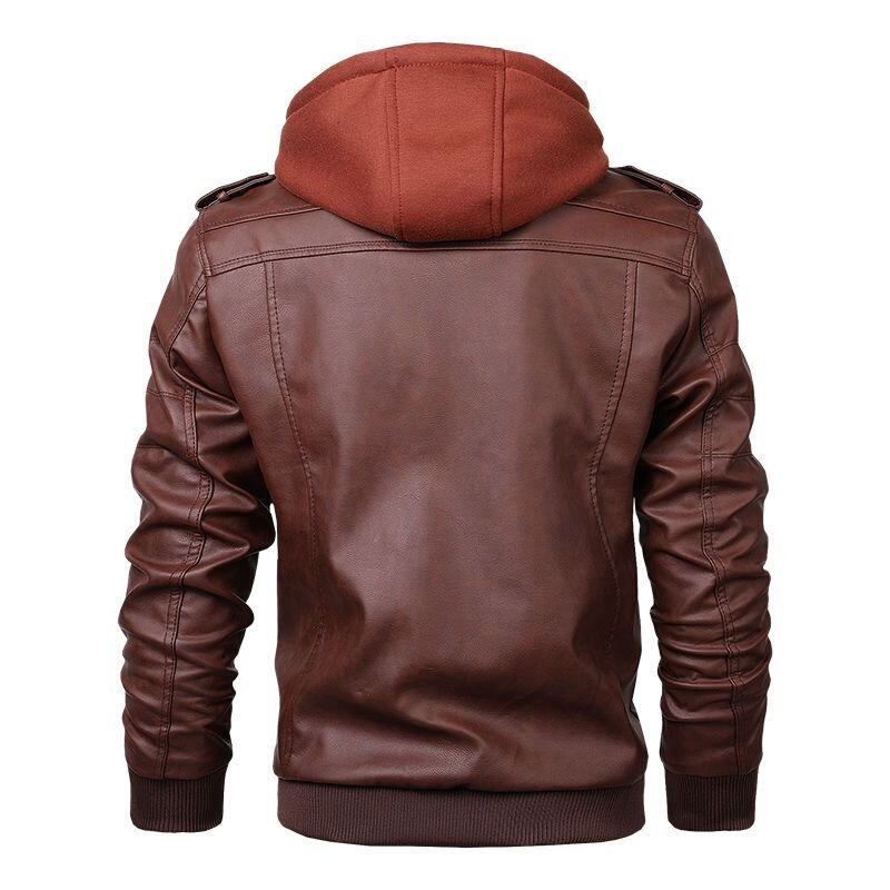 Men's Autumn and Winter Leather Jacket Slim Zipper Thin Jacket Removable Knit Hooded European and American Plus Size Top