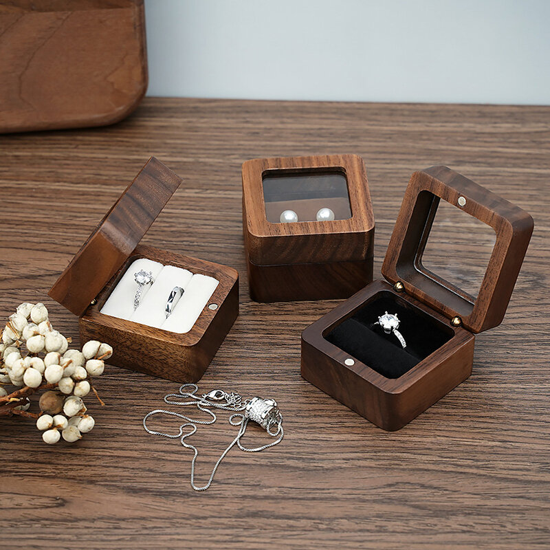 Vintage Holz Ring Box Schmuck Veranstalter quadratische Holzmaserung Eheringe Halter Ohrringe Schmuck Display Verpackung Geschenk boxen