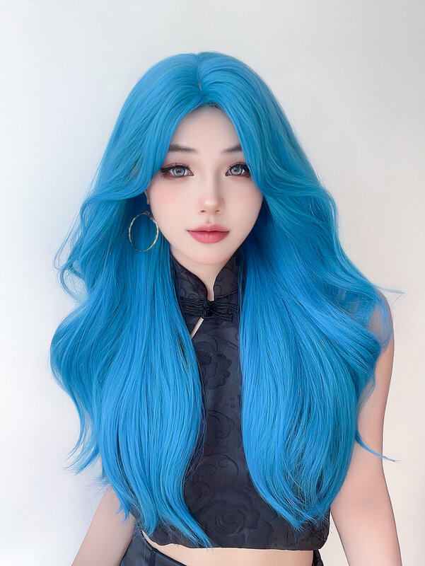 26Inch Sea Blue Color Synthetic Wigs Middle Part Long Natural Wavy Hair Wig For Women Cosplay Drag Queen Party Heat Resistant