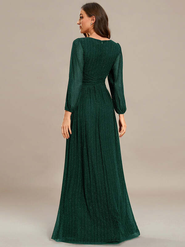 Элегантное вечернее платье с глубоким V-образным вырезом и длинными рукавами, облегающее плиссированное платье 2024 BAZIIINGAAA темно-зеленого цвета для подружки невесты