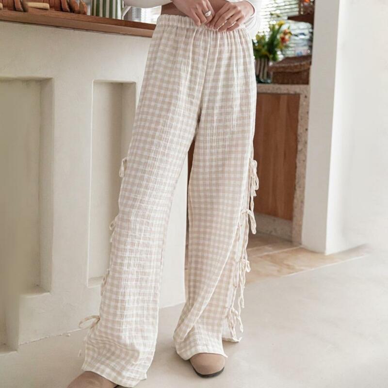 Calças de perna larga xadrez com detalhe de cordões de fenda lateral Bowknot cintura elástica de ascensão média para mulheres, calças para trabalho