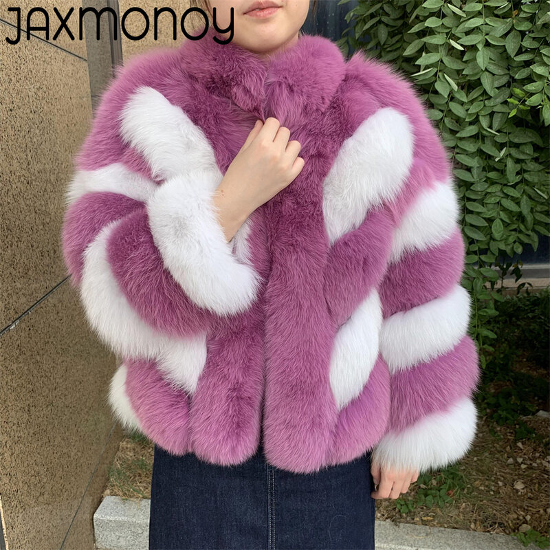 Prawdziwe futro z lisów Jaxmonoy dla kobiet New Arrival modne paski kurtka z naturalnego futra damskie jesienno-zimowe pełne rękawy