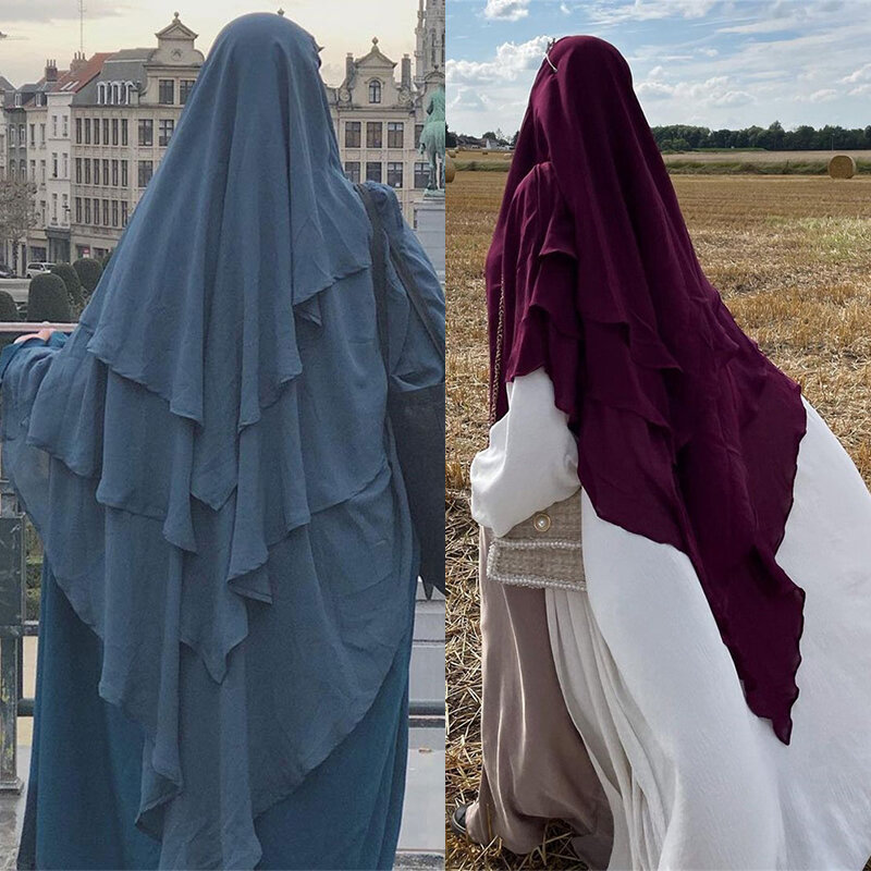 Muçulmano de Três Camadas Ruffles Hijabs para Mulheres, Turbante Islâmico, Configurações Headdress, Vestuário de Oração, Dubai, Turquia, Árabe, Novo, 2024