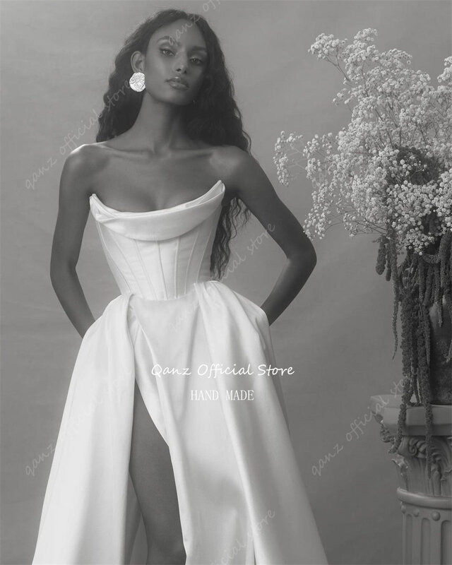 Qanz Vintage Satin Wedding Gown Strapless Mermaid Pleat Wedding Dress High Slit Floor Length Bride Dress Vestido De Noiva 2024
