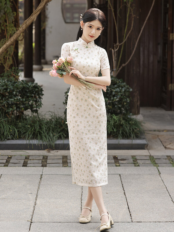 Женское зеленое платье-Ципао, Элегантное длинное вечернее платье в китайском стиле, Свадебный костюм, 2024