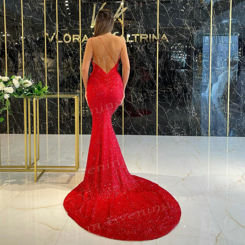Chromatic Red Sequined Mermaid Evening Dresses One Shoulder Spaghetti Straps Backless Prom Gowns Sleeveless Vestidos De Noche