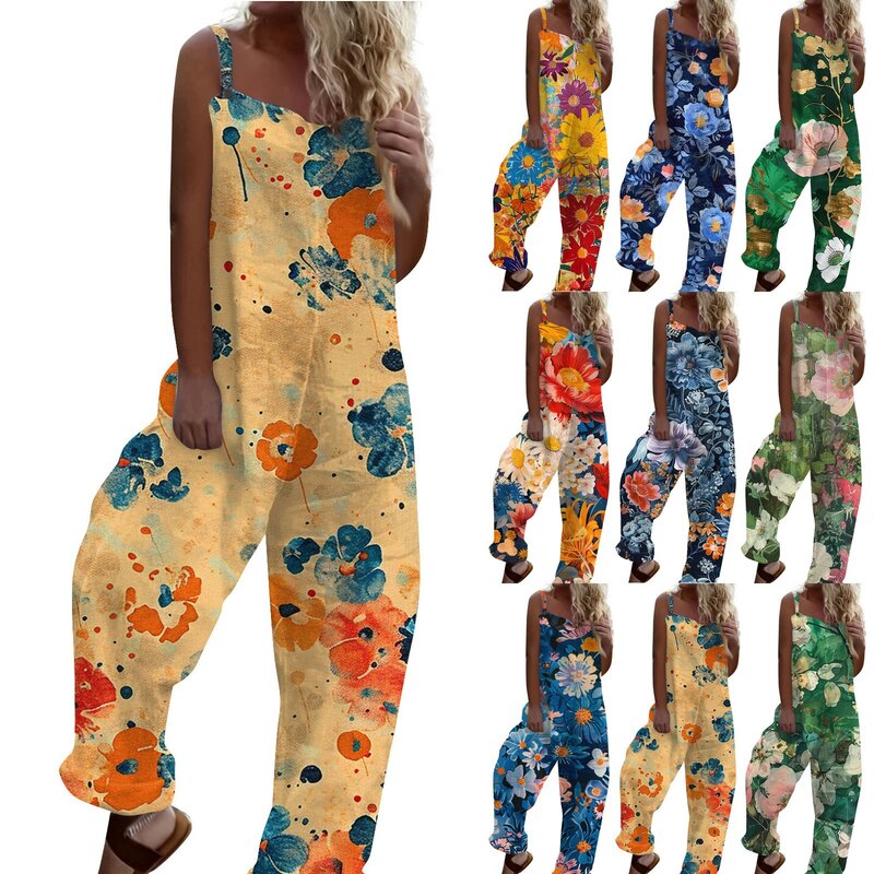 Monos de moda para mujer, mono holgado informal con estampado Retro de tirantes, pantalones Vintage de alta calidad para verano
