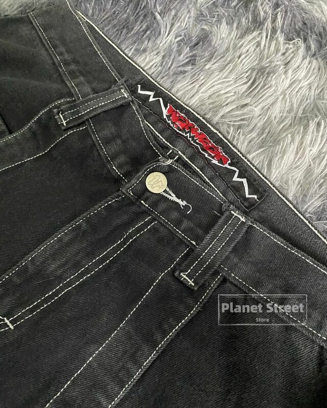 Vintage Wexwear bordir grafis longgar Jeans Streetwear Y2K Jeans Pria Wanita Goth Tinggi pinggang lebar celana Harajuku hitam