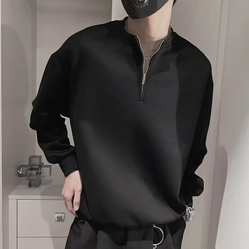 Camisola masculina casual coreana com zíper, pulôver masculino solto que combina com tudo, roupas de streetwear monocromáticas, primavera, outono