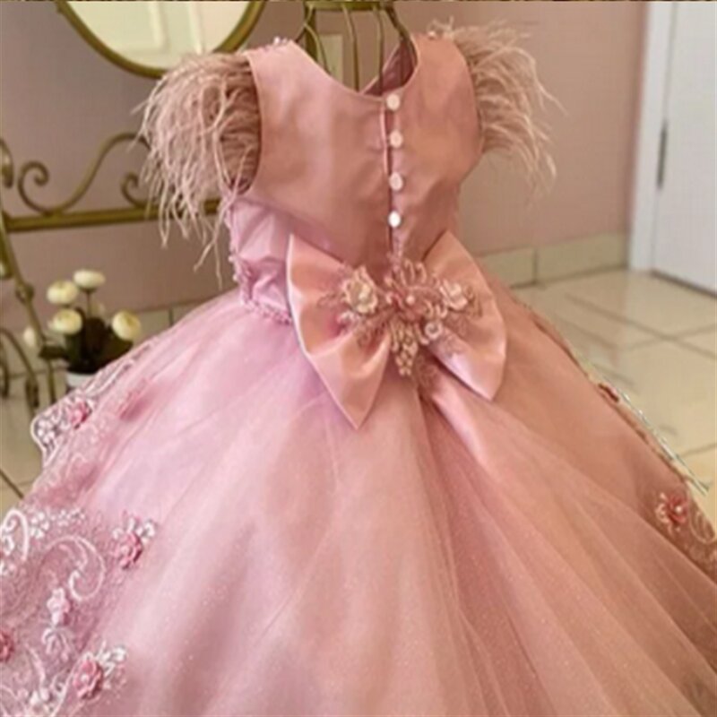 Vestido rosa menina flor aplique, penas de renda inchado com arco, princesa beleza, concurso, primeira comunhão, vestidos de baile