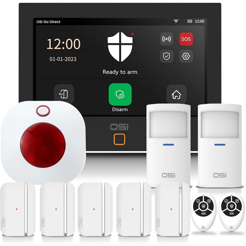 OSI alarm system for home security (Gen 2)11 piece. DIY, touch screen, motion detection, contact sensors, wireless siren, remote