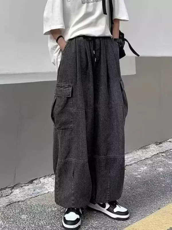 Джинсы мужские мешковатые с широкими штанинами, брюки с большими карманами и эластичным поясом, уличная одежда, свободные штаны из денима, весна-осень 2024