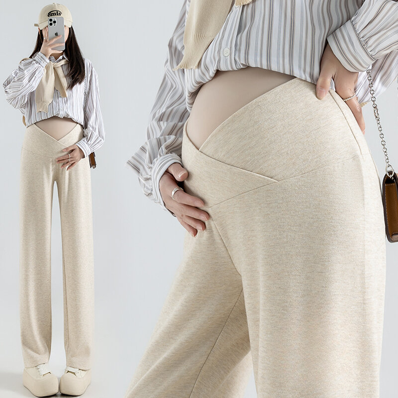 Melintasi V celana hamil pinggang tinggi, celana panjang lurus longgar untuk wanita hamil 2024 musim semi tipis selama hamil