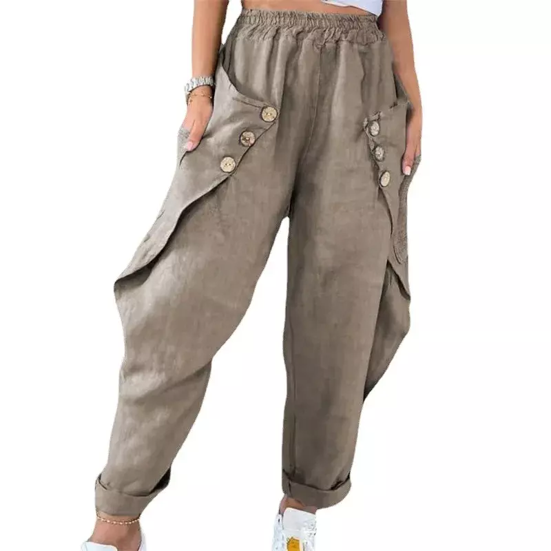 Pantalones informales con bolsillos para mujer, ropa europea y americana, cintura abotonada, YBF54-3, novedad de verano 2024