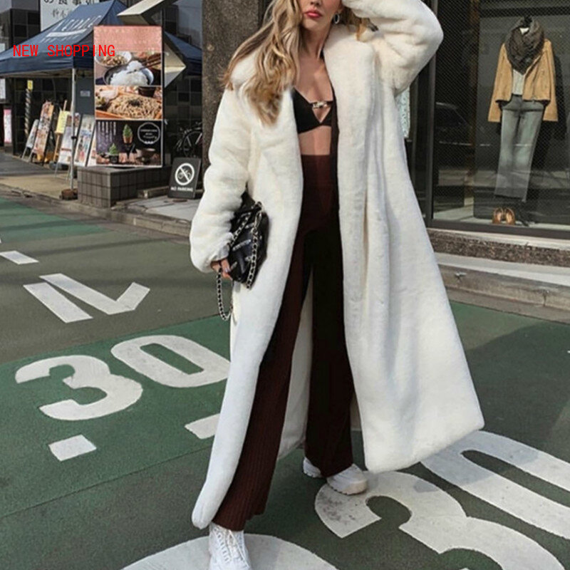 Jaqueta de pele sintética branca para mulheres, trench coat felpudo, peluche artificial fofo, elegante casaco longo, roupa caseira de inverno