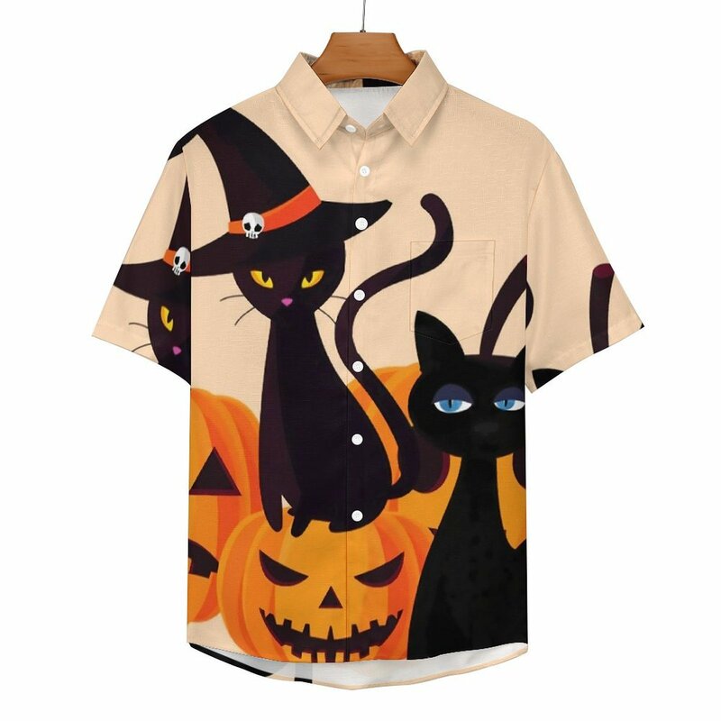Spooky Magic Cats Vacation Shirt Creepy Pumpkins Hawaii Casual Shirts Men Fashion Blouses Short-Sleeve Design Clothing Plus Size