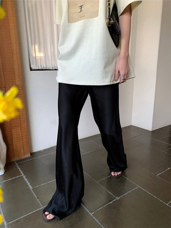 CHEERART атласные брюки для женщин корейская мода 2023 летние брюки повседневные широкие брюки бежевые черные синие брюки одежда