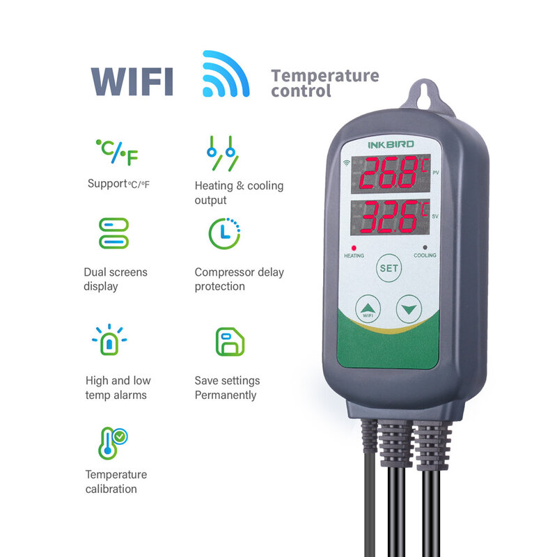 INKBIRD WIFI Digital Temperature Control 2-stage Outlet Thermostat ITC-308-WIFI With Heat/Cooling Control Instrument Terrarium