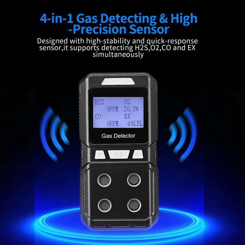 Detector de Gas portátil 4, Monitor multigas recargable, Analizador de probador de calidad del aire, alta precisión EX O2 H2S CO