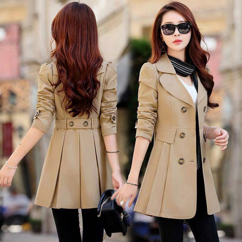 Mid Length Trench Coat Stylish Mid-length Double-breasted Women's Jacket Solid Color Pleated A-line for Fall/winter for Home