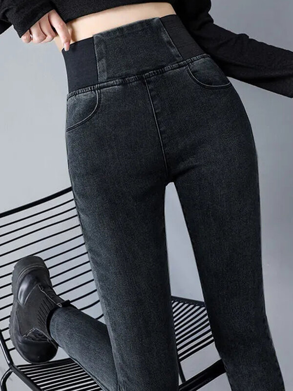 Celana pensil Denim Dalaman beludru pinggang elastis hangat Skinny Jeans tebal klasik hitam elastis musim dingin pakaian salju ramping Vaquero
