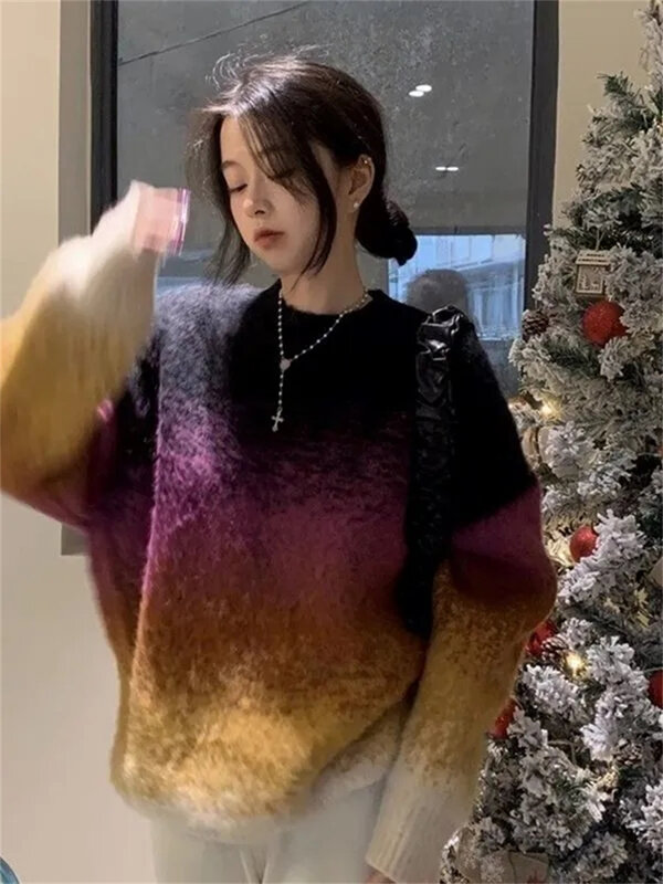 Japoński leniwy styl projekt Gradient kolorów moherowy sweter damski 2024 jesień/zima nowy zagęszczony sweter średniej długości