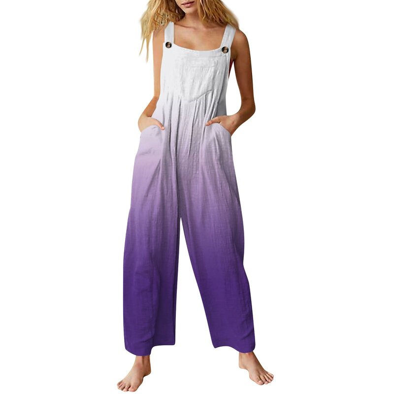 Women Loose Fit Gradient Overalls Wide Leg Baggy Bib Female Jumpsuit Summer Casual Cotton Linen Elegant Overalls