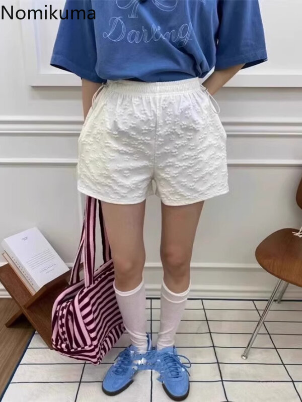 Shorts vintage floral de cintura alta feminino, calça chique com cordão, calça casual de verão, calças novas, coreano, 2024