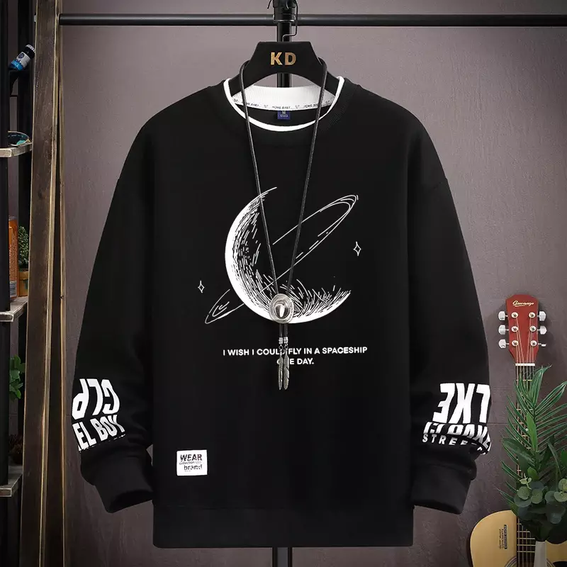 Autumn Men's Sweatshirt Cool Moon Print Long Sleeve T-shirt Fashion Men's Clothing Grey O Neck Harajuku Exclusive Design Top New