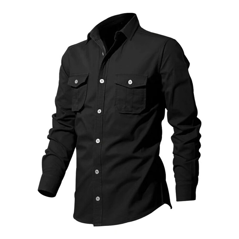 Casual Men\'s Shirts And Blouse Solid Color Pockets Single Breasted Long Sleeve Lapel Cargo Shirt Outwear Tops Clothing