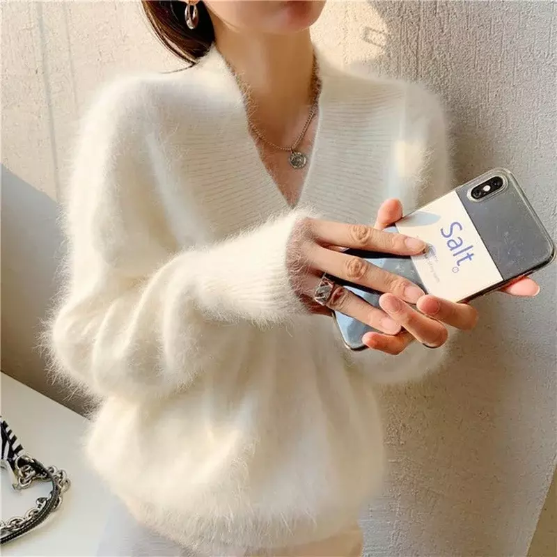 Luxury Mink Cashmere Sweaters Y2k Women V Neck Pullovers Sweet Elegant Winter Mohair Knitted Thick Soft Loose Sweaters White Red