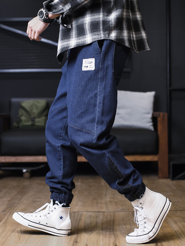 Plus Size jeansy męskie luźne biegaczy Streetwear szarawary dżinsowe spodnie Cargo spodnie jeansowe do kostek