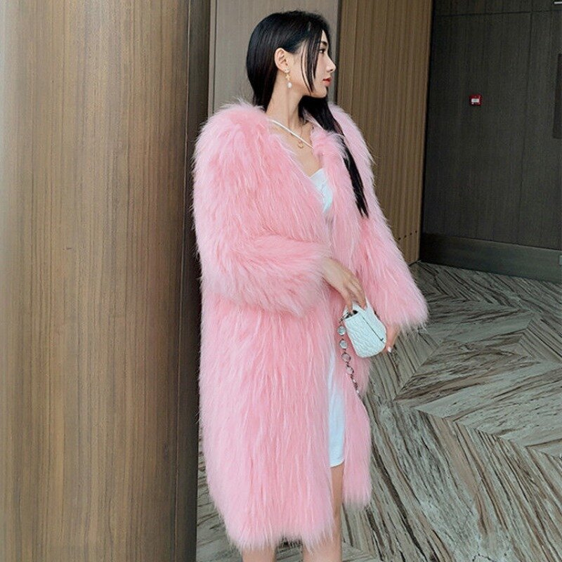2023 New Women Faux Fur Coat Large Size Long Imitation Fox Fur Outwear Winter Female Warm Casual Outcoat Solid Color Elegant Top