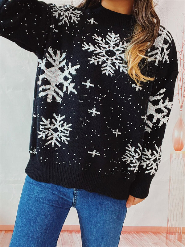 Hirigin-suéteres con estampado de copo de nieve para mujer, jerséis de manga larga, prendas de punto básicas, ropa de calle, invierno, otoño