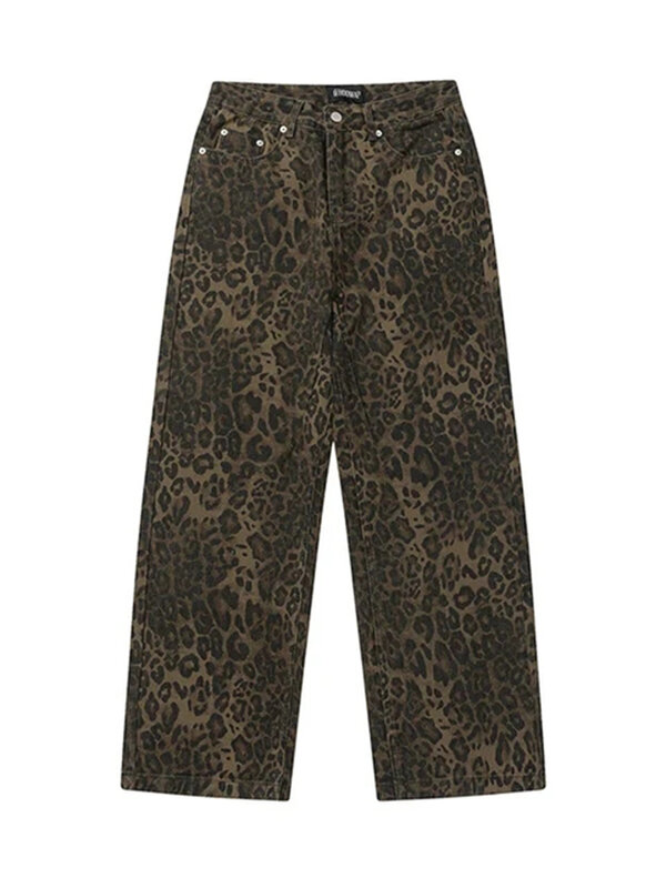HOUZHOU-pantalones vaqueros de leopardo tostado para mujer, pantalones de mezclilla femeninos de gran tamaño, pantalones de pierna ancha, ropa de calle, ropa Vintage de Hip Hop, ropa suelta informal