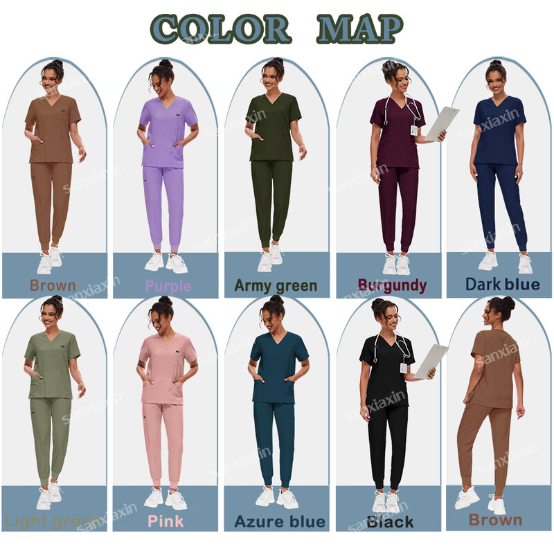 Multicolor Unisex Workwear Short Sleeved Nurse Hospital Doctor Medical Scrubs Sets Dental Vet Surgery Uniform Tops+Jogging Pants