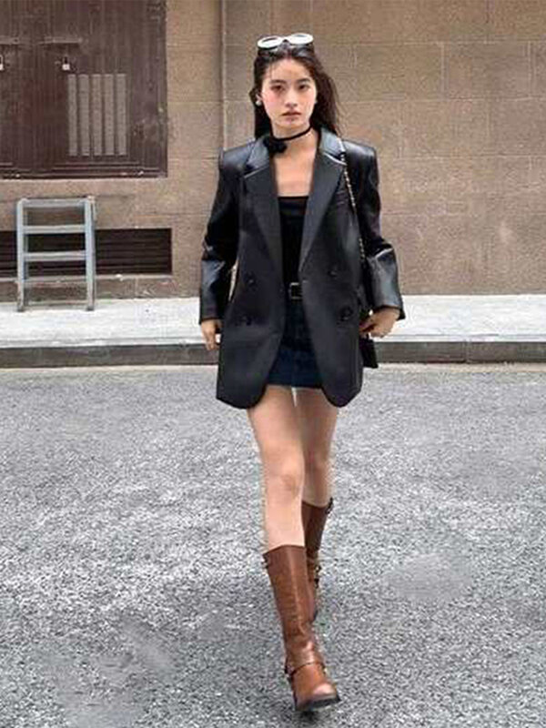Женский Повседневный блейзер из искусственной кожи, осенняя модная Женская Осенняя двубортная Свободная куртка с длинным рукавом, Крутое пальто для девушек