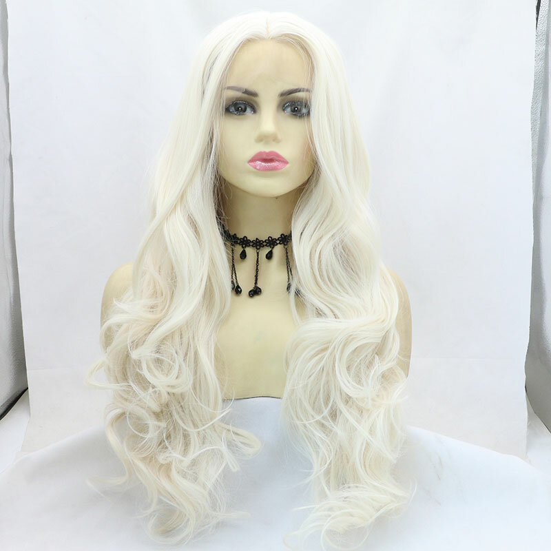 Tubuh putih gelombang sintetis 13X4 renda depan wig tanpa lem kualitas tinggi tahan panas serat rambut belahan Tengah untuk wanita