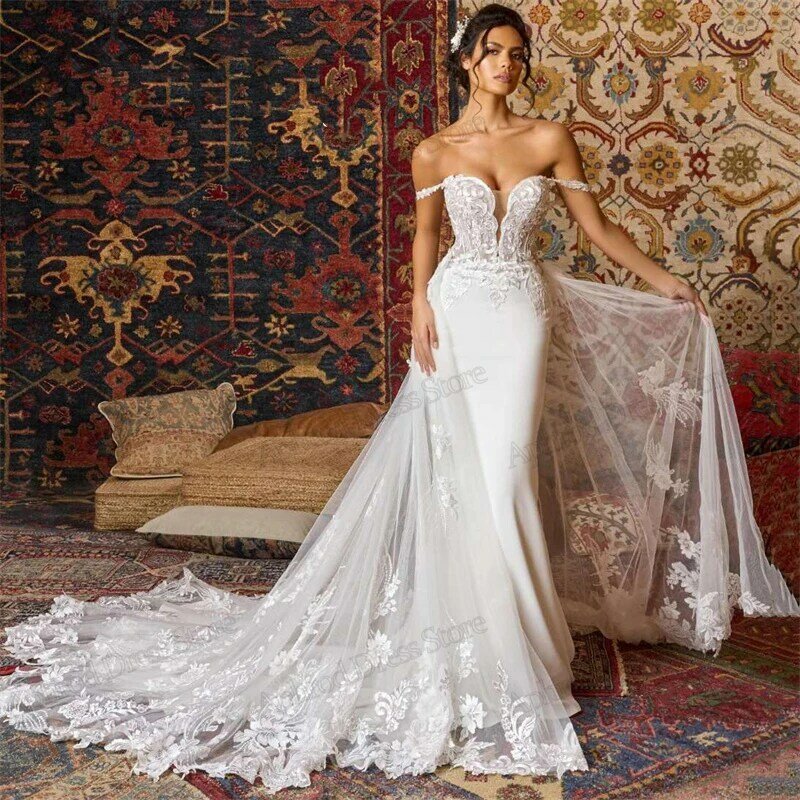 Женское свадебное платье It's yiiya, белое платье с открытыми плечами и кружевной аппликацией на лето 2024