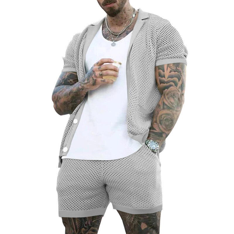 2024ชุดสูทกางเกงขาสั้นแขนสั้นสำหรับผู้ชาย, ชุดสองชิ้นเสื้อคาร์ดิแกนคอปกแขนสั้นฤดูร้อน