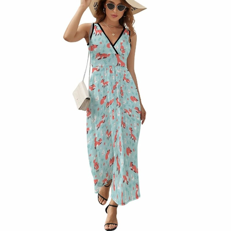 여우와 토끼 패턴 민소매 원피스 긴 원피스 여성용 여름 드레스