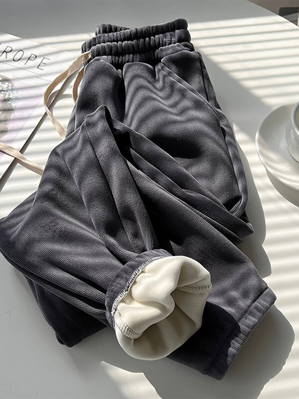 Celana Jogger tebal wanita, bawahan serut lurus pinggang tinggi musim dingin 2023 kasual hangat Korea