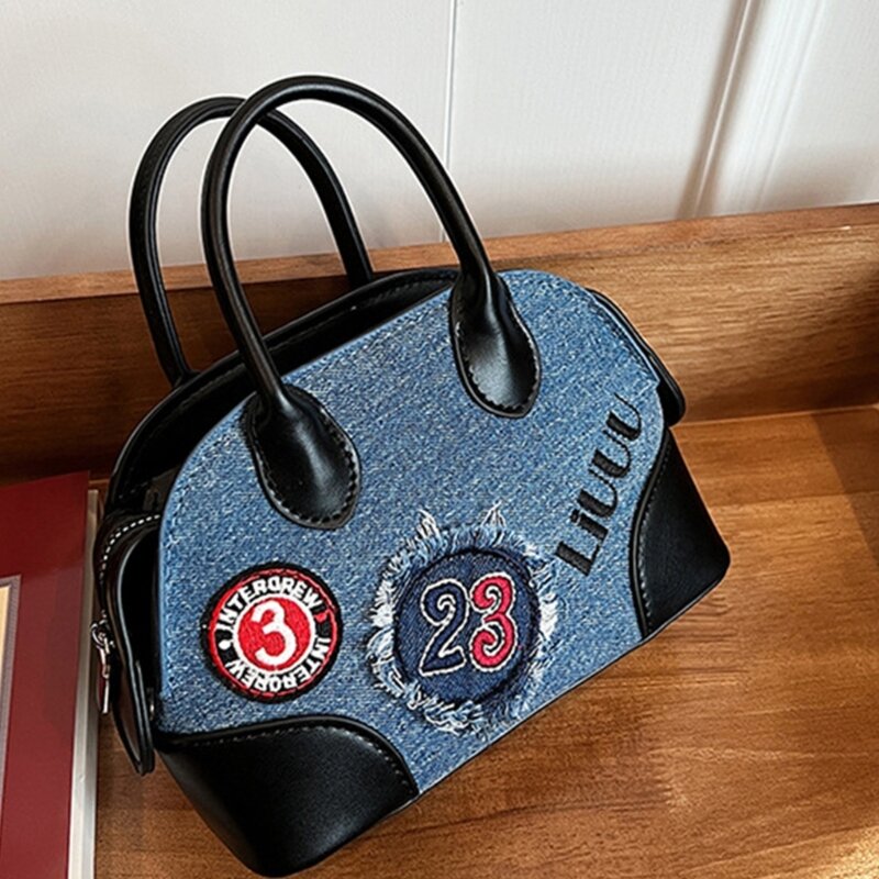 Женская сумка через плечо с вышивкой и аппликацией, джинсовая сумка с верхней ручкой E74B