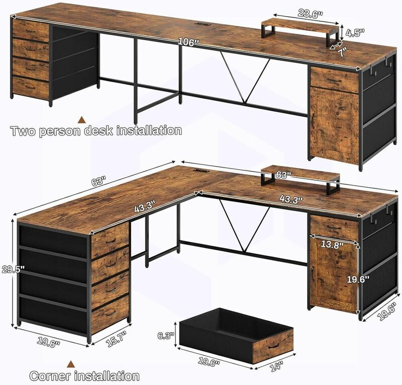 L-образный стол, компьютерный стол 63 дюйма с 5 выдвижными ящиками и розеткой для дома и офиса