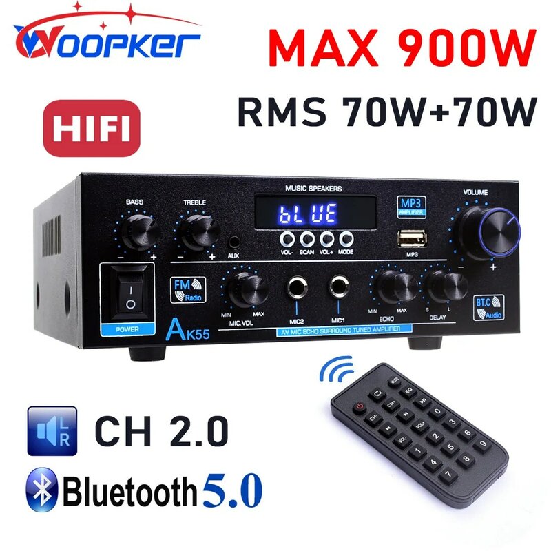 Woopker ak55 hifi audio verstärker max 900w digital bluetooth amp rms 70w 70w kanal 2,0 unterstützt dual mic eingänge fm radio