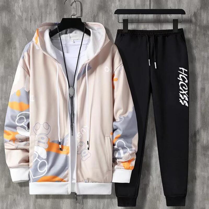 Men Athletic Wear Outfit Men's Hip Hop Tracksuit Set with Hooded Coat Drawstring Pants Letter Print Sportswear with Zipper