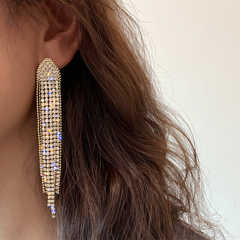 LATS-pendientes clásicos de cristal brillante para mujer, aretes largos exagerados con borla de diamantes de imitación, joyería coreana 2022