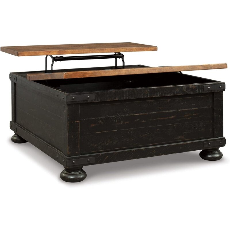 Valebeck Farmhouse Lift Top Coffee Table with Storage, Distressed Brown & Black Finish